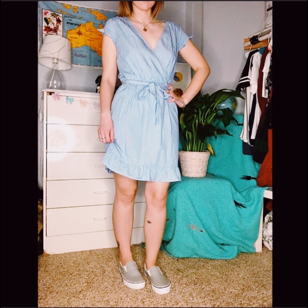 Blue and white striped ruffle dress